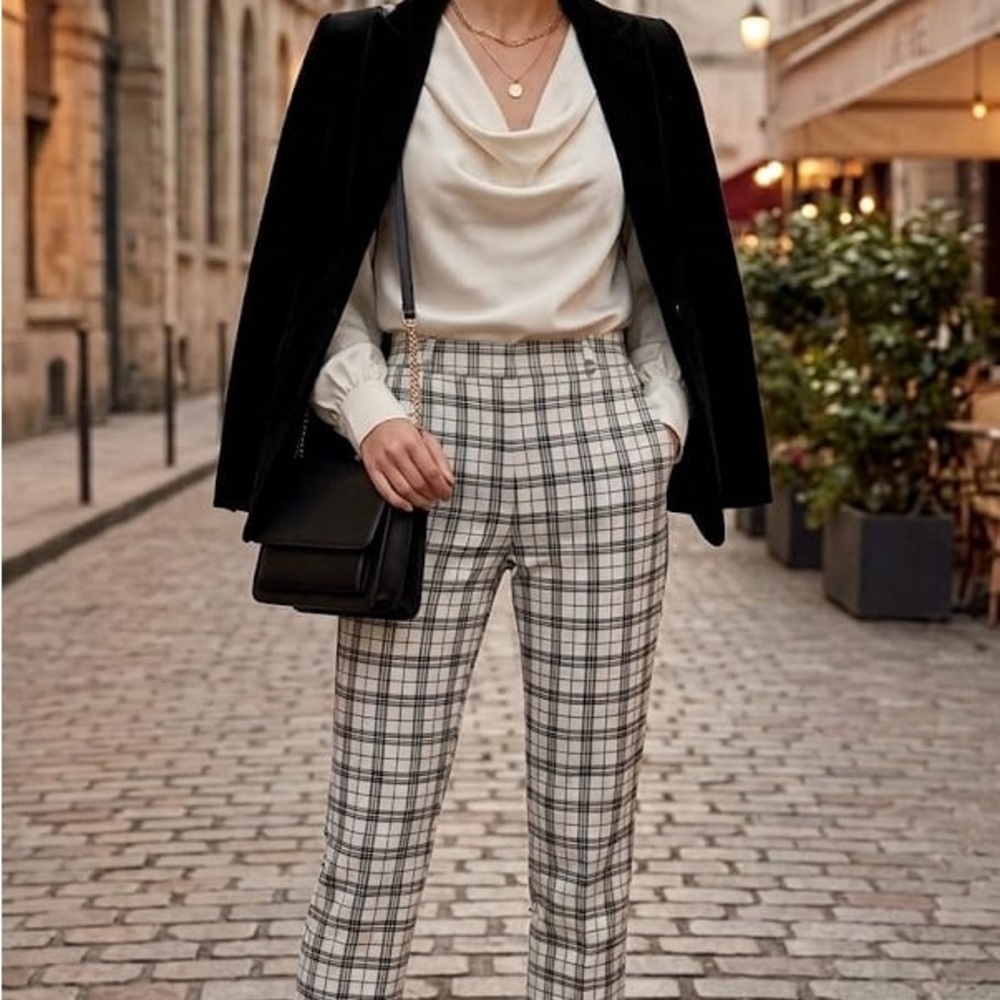 Zara Black & Cream Plaid Straight-Leg Pants